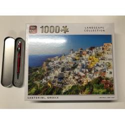 King - legpuzzel Santorini - Griekenland - Landscape Collection 1000 stukjes | 68 x 49 cm | inclusief unieke en praktische rode, blauwe schrijvende laserpen in luxe opbergbox.
